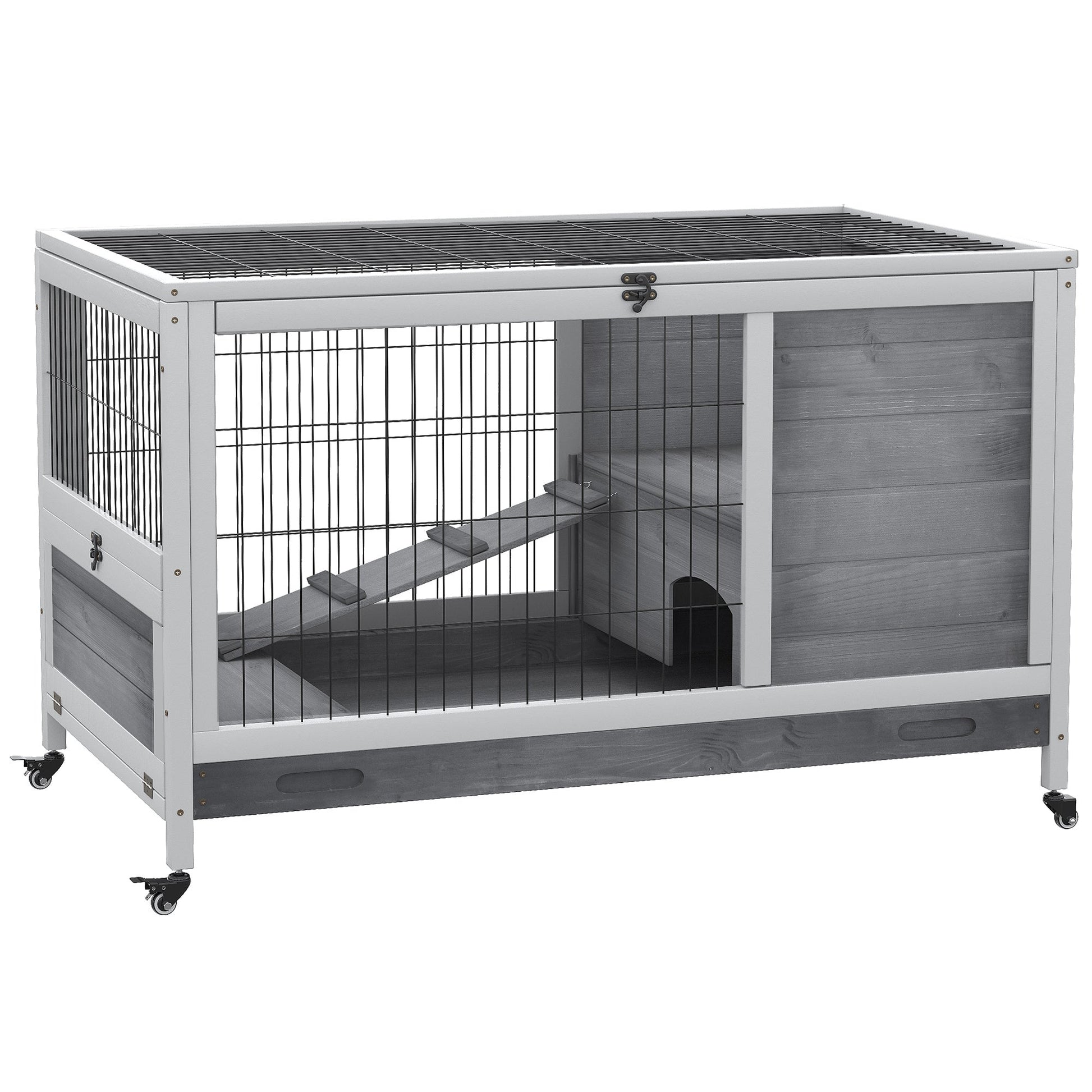 Wooden Indoor Rabbit Hutch Elevated Bunny Cage Habitat with Enclosed Run with Wheels, Ideal for Rabbits and Guinea Pigs, Grey at Gallery Canada