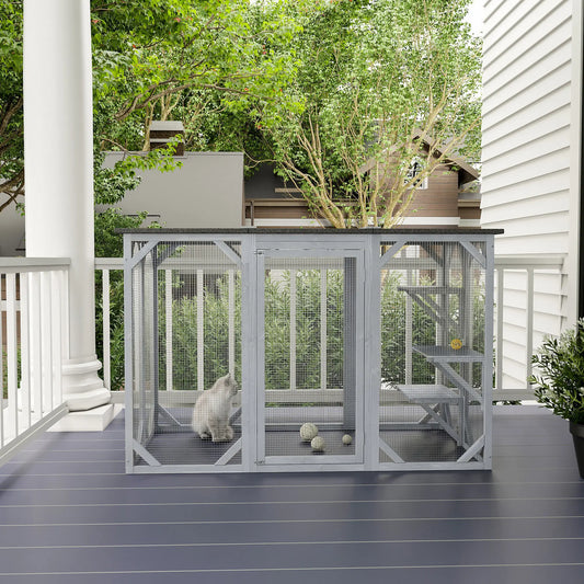 44.1" H Cat Cage, Indoor Outdoor Wooden Pet House, Small Animal Hutch, Grey Outdoor Cat Enclosures Grey at Gallery Canada
