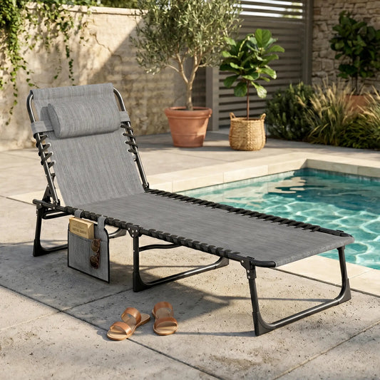 Outdoor Folding Chaise Lounge, Adjustable Backrest, Removable Pillow, Mixed Grey, Grey Lounger Chairs Mixed Grey at Gallery Canada