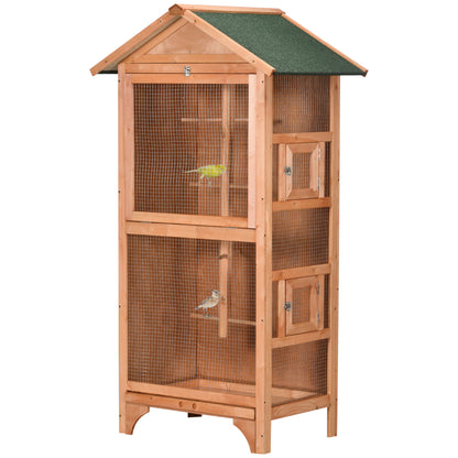 Wooden Bird Aviary Parrot Cage Pet Furniture with Removable Bottom Tray, 2 Doors, Asphalt Roof, 4 Perches, Orange