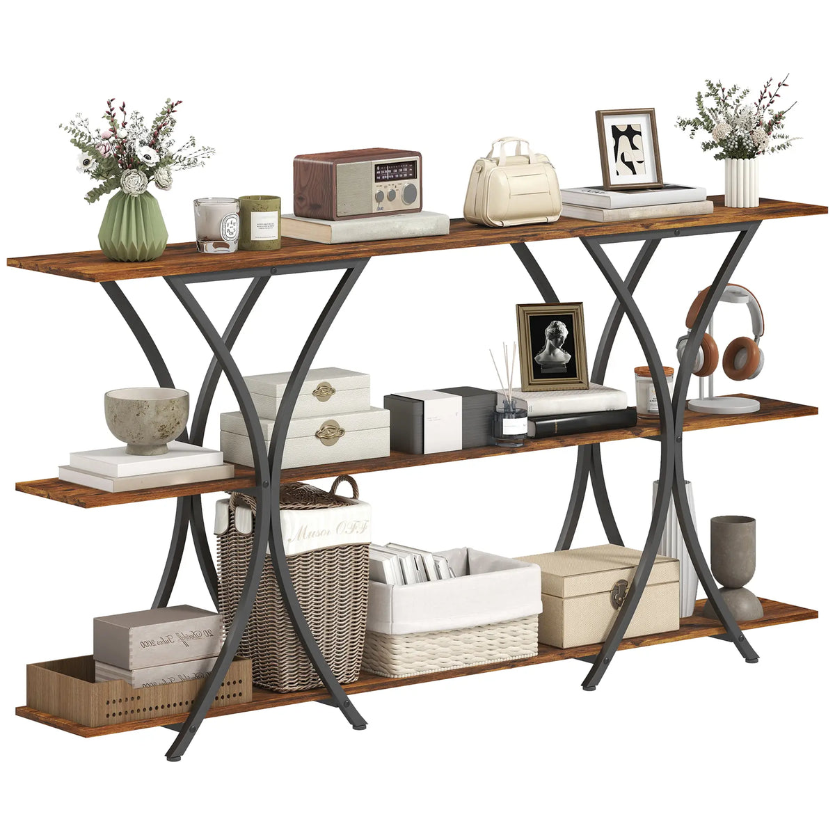71 Inch Console Table, 3-Tier Industrial with 2 Shelves, Rustic Brown Console Tables at Gallery Canada