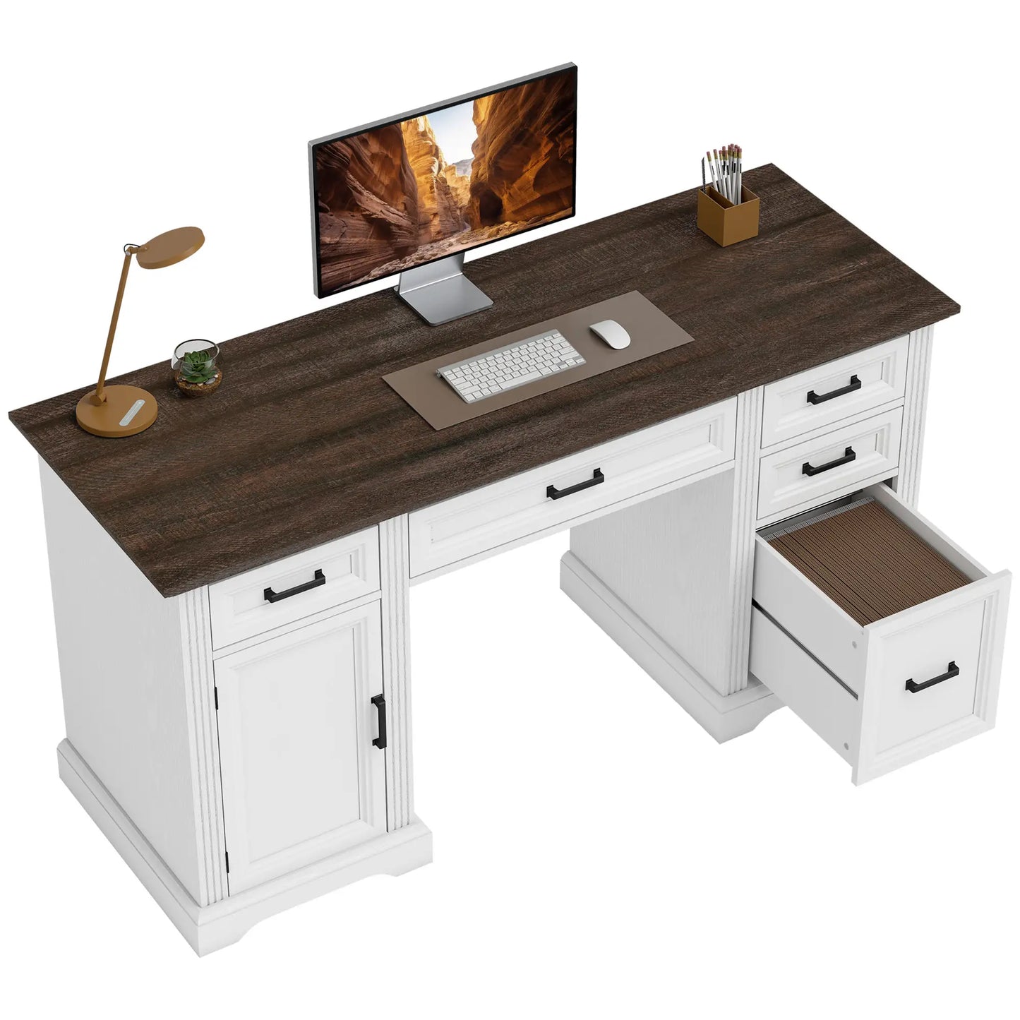 58 Inch Home Office Desk, Farmhouse Executive Desk with Drawers, White Computer Desks at Gallery Canada