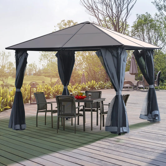 9.8' x 9.8' Aluminum Gazebo, Hardtop Roof, Mesh Curtains, Grey Gazebos Black Frame, Brown PC Board, Deep Grey Cloth, Black Mesh at Gallery Canada