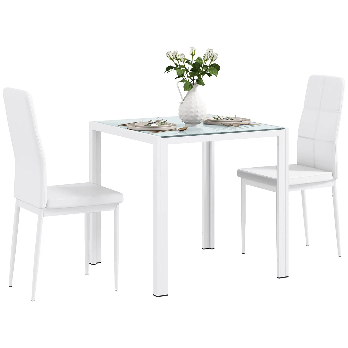 3-Piece Rectangular Glass Dining Table, Metal Frame, Faux Leather Chairs, White Bar Sets at Gallery Canada