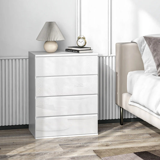 Armoire à 4 tiroirs, Haute brillance, Coffre de chambre, Coulisses en métal, Blanc
