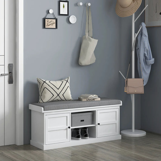 Shoe Storage Bench with Cushioned Seat, 2 Cabinets, Adjustable Shelf, White Shoe Storage Cabinets & Racks White, Grey at Gallery Canada