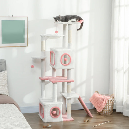 65 Inch Cat Tree, 2 Condos, Perch, Hammock, Scratching Posts, White Cat Towers White, Pink at Gallery Canada