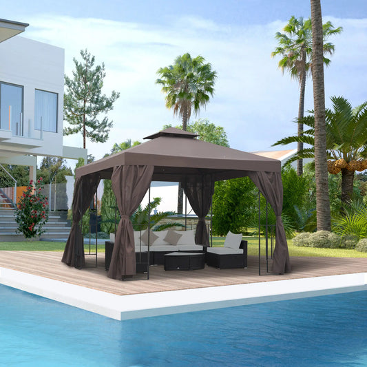 10' x 10' Outdoor Gazebo, Canopy Shelter with Double-Tier Roof, Brown Gazebos Brown at Gallery Canada
