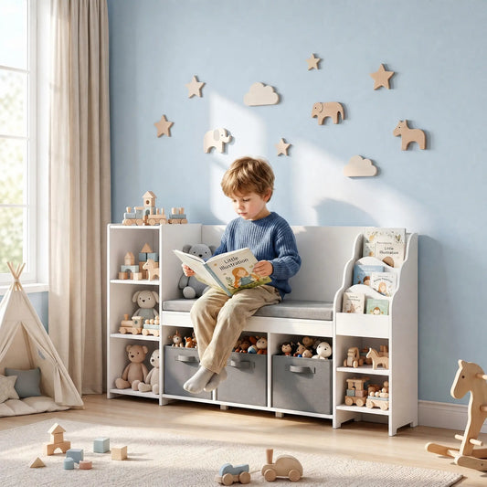 Kids Storage Shelf With Reading Nook, Toy Organizer, 3 Fabric Drawers, undefined Baby & Kids Storage White, Grey at Gallery Canada