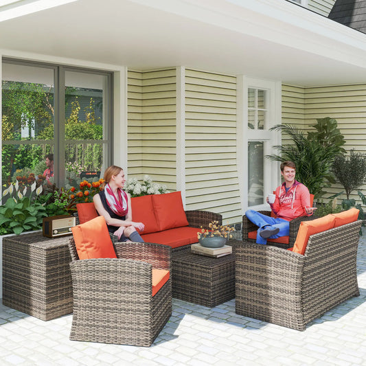 6-Piece Wicker Patio Set with Cushions, 7-Seater Rattan Sofa, Orange Patio Furniture Sets Mixed Brown Rattan, Orange Cushion at Gallery Canada