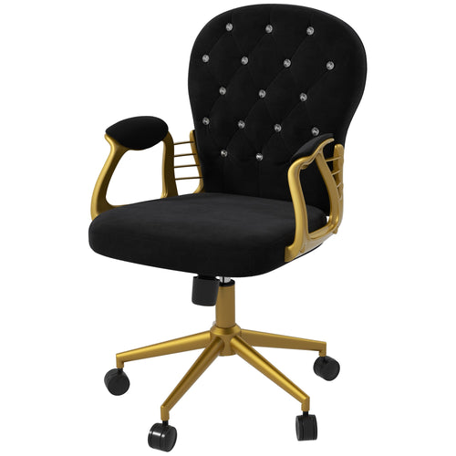 Velvet Office Desk Chair Button Tufted Vanity Chair with Swivel Wheels, Adjustable Height and Tilt Function, Black