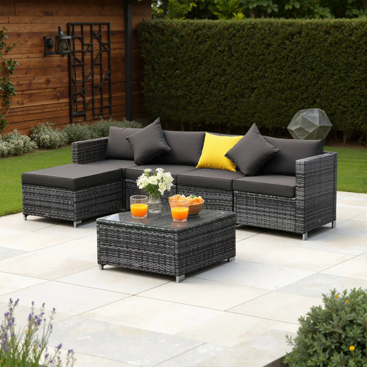 6 Piece Rattan Patio Furniture Set, 8-Seat Sofa with Glass Table, Grey Patio Furniture Sets Mixed Grey Rattan, Charcoal Fabric at Gallery Canada