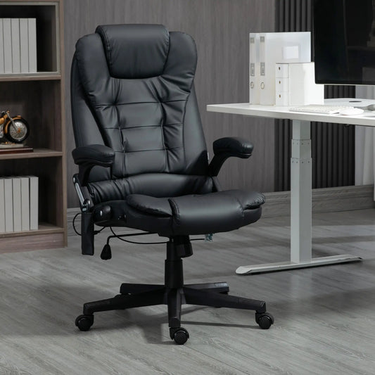 Fauteuil de massage exécutif, dossier haut chauffant, inclinable, pivotant, en cuir, réglable, vibrant, noir