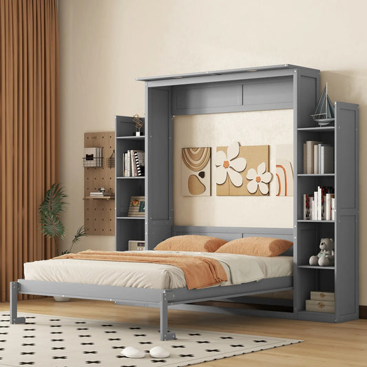 Murphy Bed with Shelves, LED Lights, 97.5" L x 84.5" W x 88.5" H, Grey Bed Frames Grey at Gallery Canada