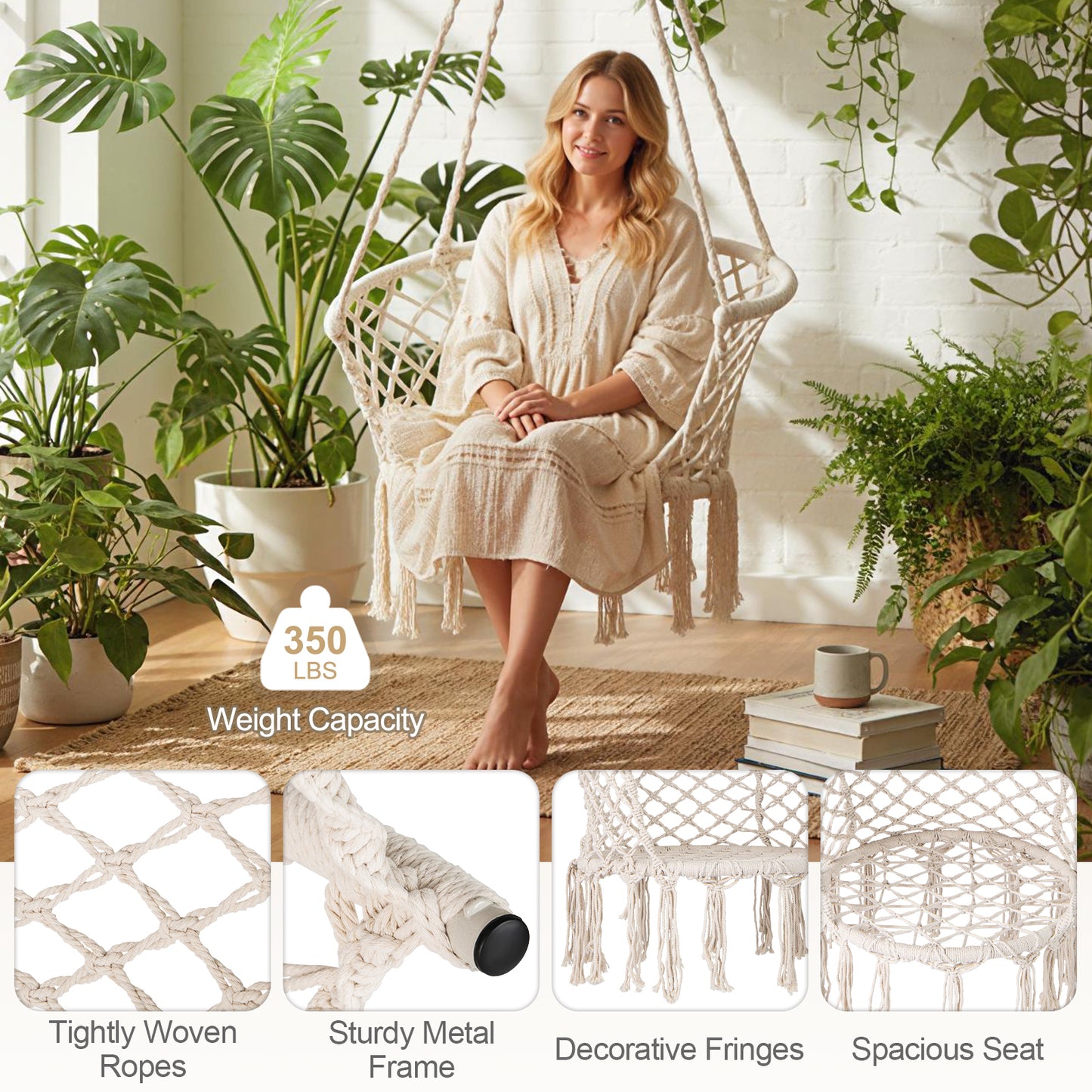 Macrame Hammock Chair Swing, Hanging Cotton Rope, Beige Hammocks at Gallery Canada