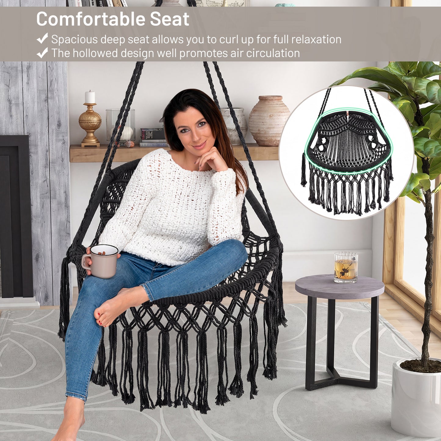 Hanging Hammock Chair With Soft Seat Cushions, Sturdy Rope Chain, Black Hammocks at Gallery Canada