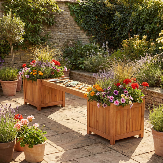 Hardwood Planter Box Bench, 2 Side Flower Boxes, Natural Potting Benches & Tables Natural at Gallery Canada