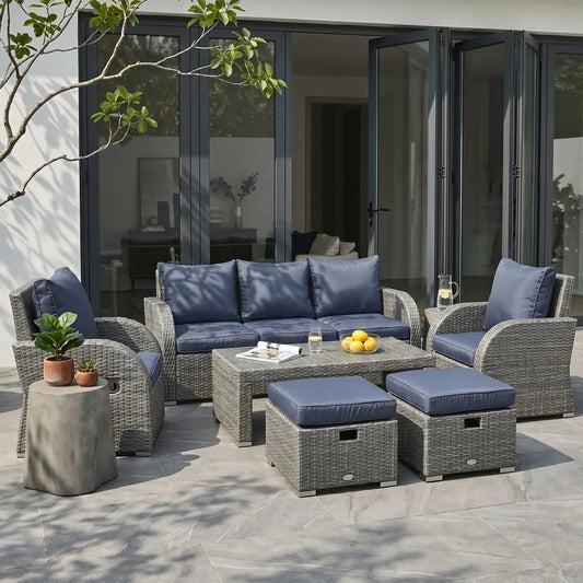 6-Piece PE Wicker Patio Sectional Set, with Cushions & Table, Dark Blue Patio Furniture Sets Dark Blue Cushion, Grey Rattan at Gallery Canada
