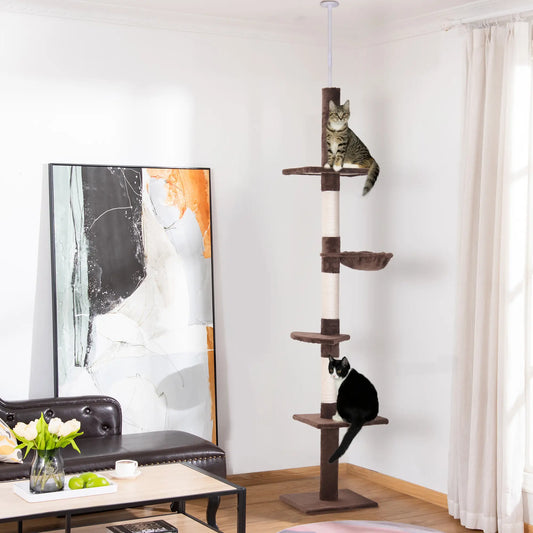 8.5ft Cat Climbing Tree, 5-Tier Kitty Activity Center, Scratching Post, Brown and White Floor to Ceiling Cat Trees Brown and White at Gallery Canada