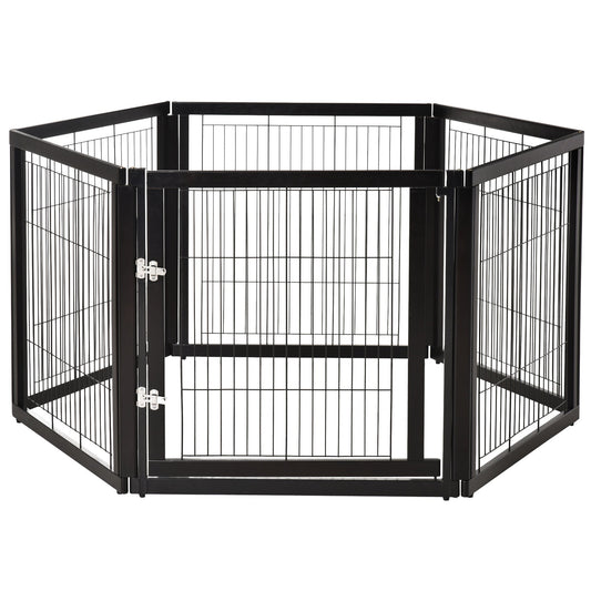 Transformable Pet Playpen 6 Freestanding Panels Gate Fireplace Christmas Tree Fence Stair Barrier Room Divider with Walk Through Door Wooden Frame Metal Mesh Black 63'' x 54.5'' x 31.5'' - Gallery Canada