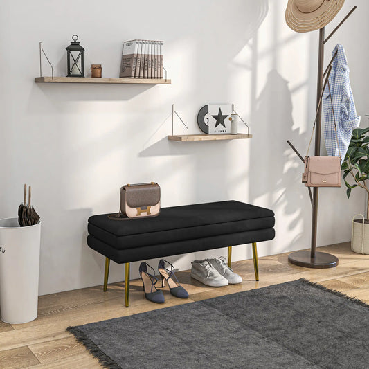 Velvet Upholstered Bench, Thick Padded Seat, Steel Legs, Black Storage Ottomans & Benches Black at Gallery Canada