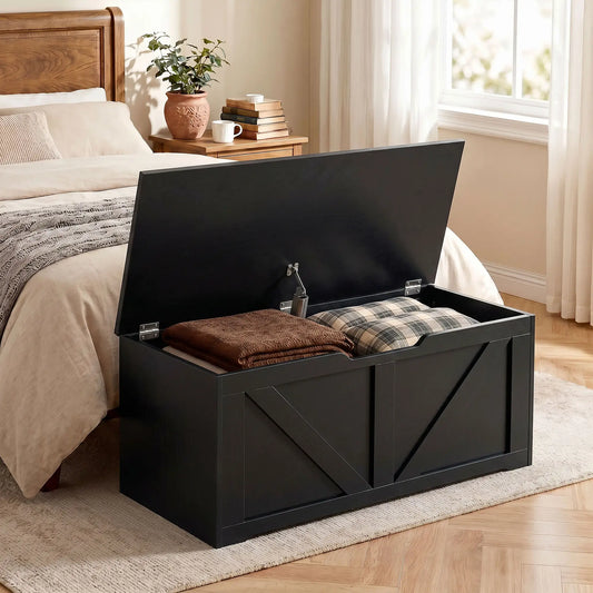 31.5 Inch Storage Chest Trunk with Safety Hinge, Black Wood Grain, Black Storage Ottomans & Benches Black Wood Grain at Gallery Canada