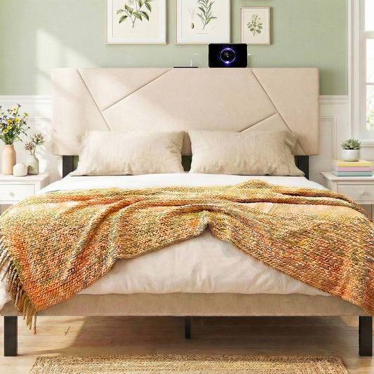 Full Size Bed Headboard, Queen Geometric Upholstered, Beige Headboards Beige at Gallery Canada