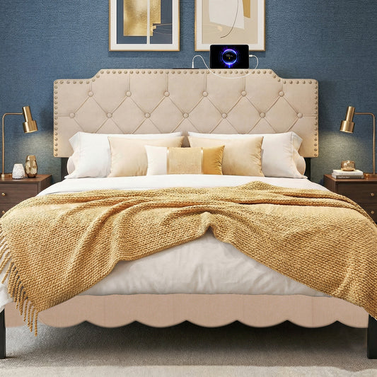 Rivet Tufted Upholstered Headboard, Queen Full Size, Beige Headboards Beige at Gallery Canada