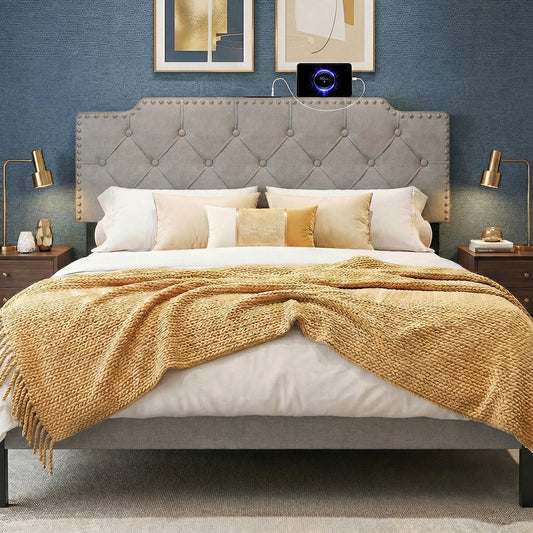Queen Full Size Bed Headboard, Rivet Tufted Upholstered, Gray Headboards Gray at Gallery Canada