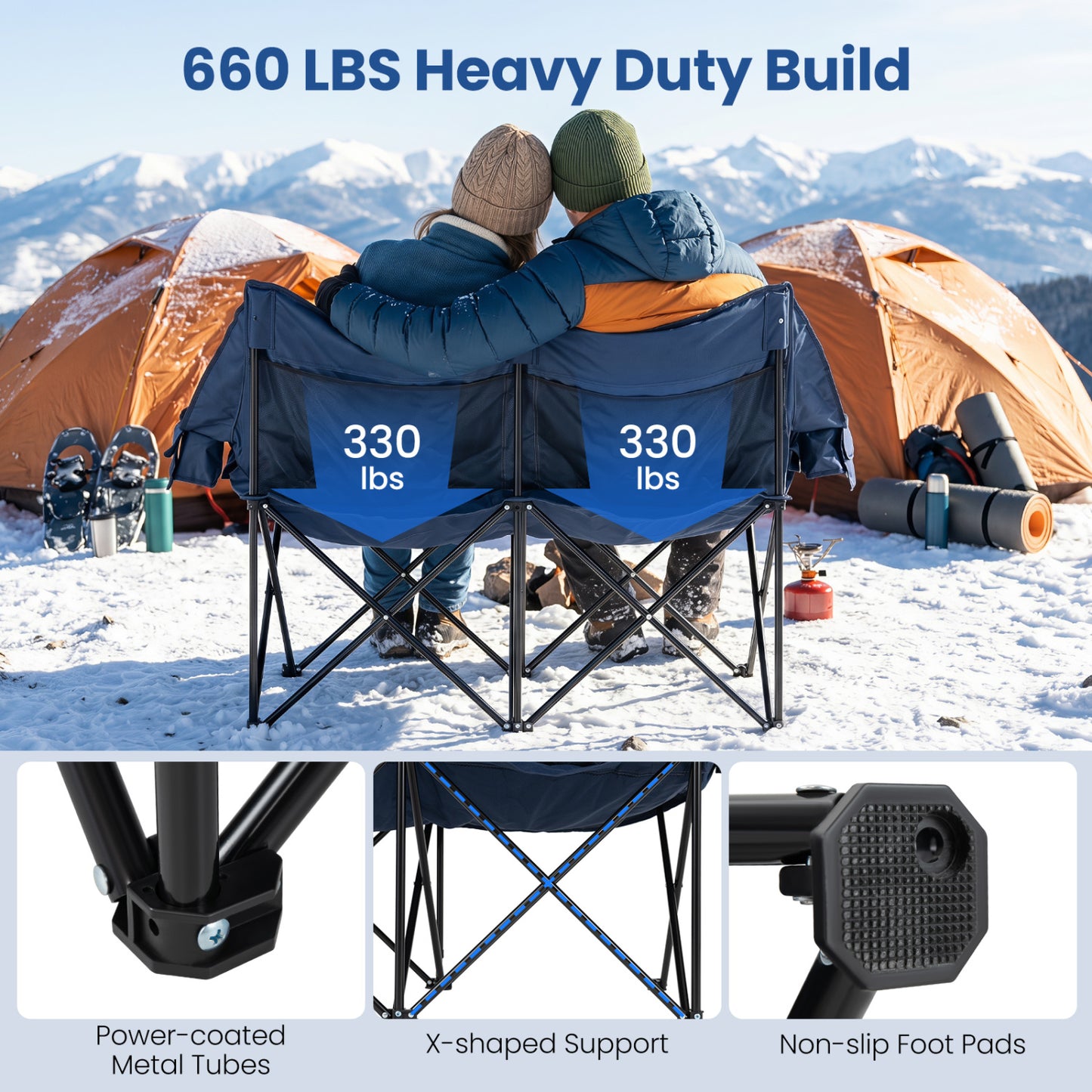Heated Double Camping Chair, 4 Heating Zones, Wine Holders, Navy