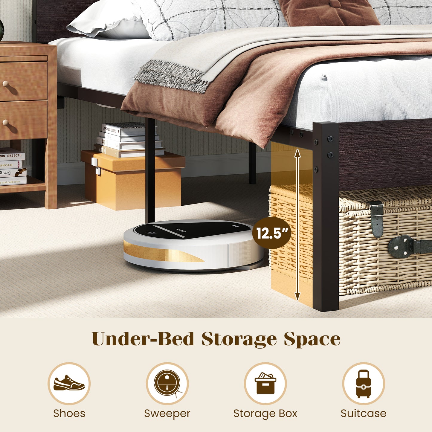 Heavy-Duty Metal Slats Bed Platform With Charging Station, Walnut Simple Bed Frame at Gallery Canada