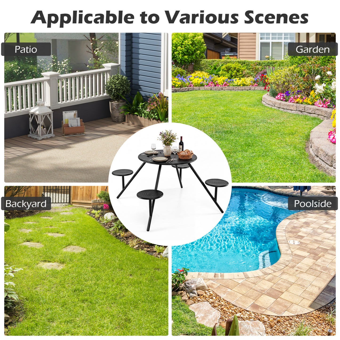 Heavy Duty Round Picnic Table for 4 with Iron Seats & Umbrella Hole, Black Picnic Tables at Gallery Canada