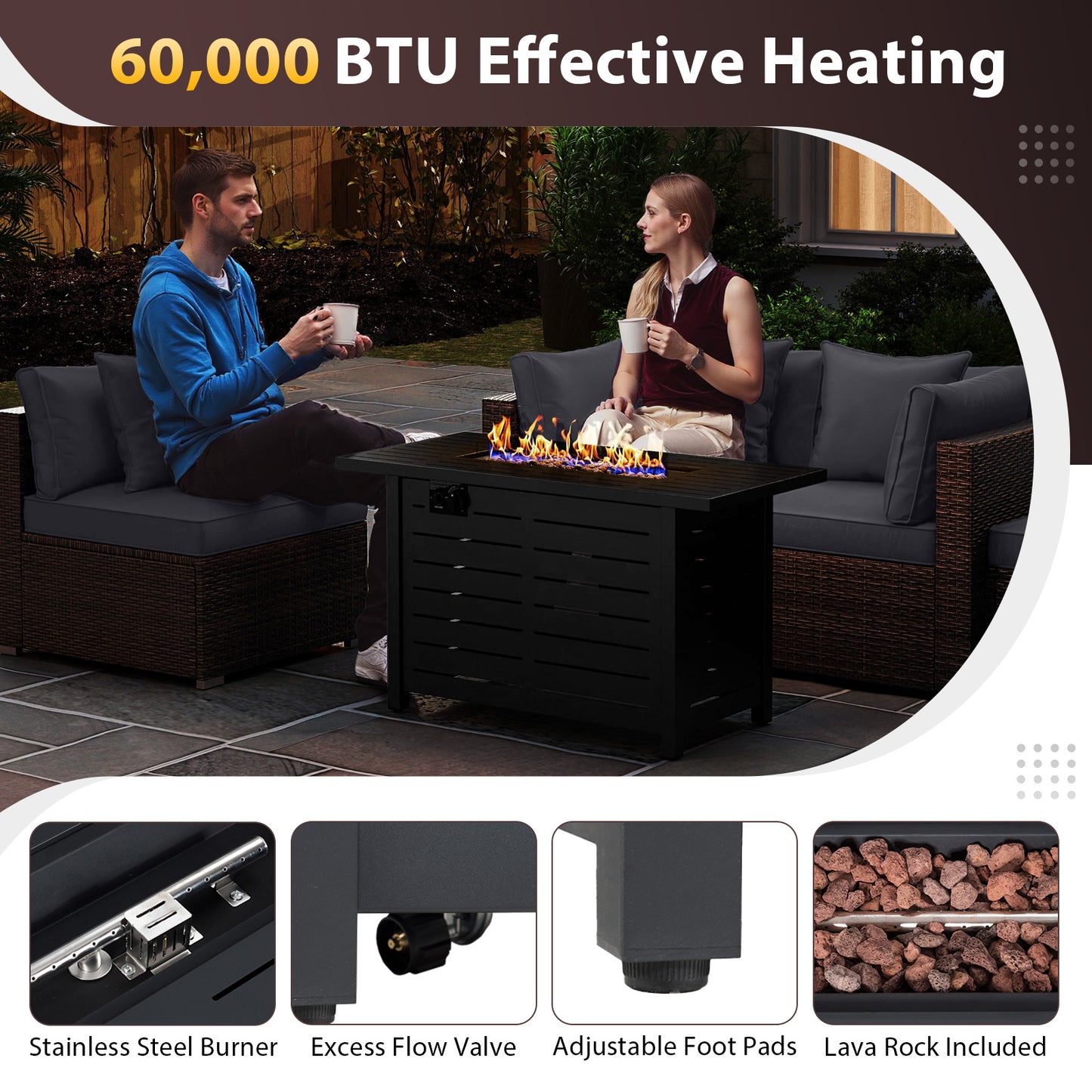 Heavy-duty Frame Rattan Sofa Set with 60000 BTU Firepit Table, Gray Outdoor Sectionals at Gallery Canada