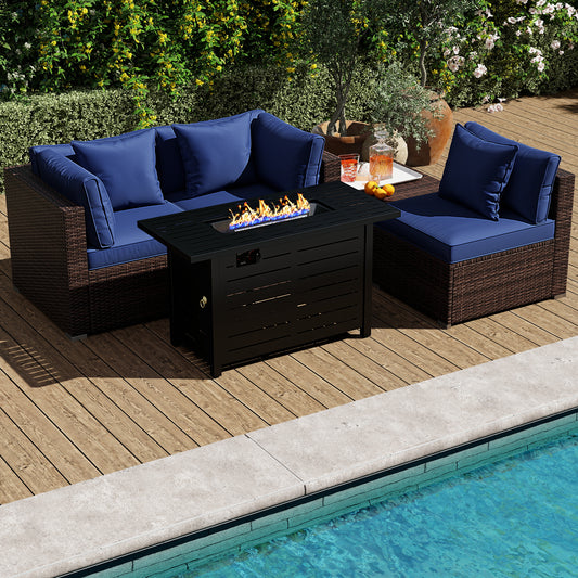 Heavy-duty Frame Rattan Sofa Set with 60000 BTU Firepit Table, Navy