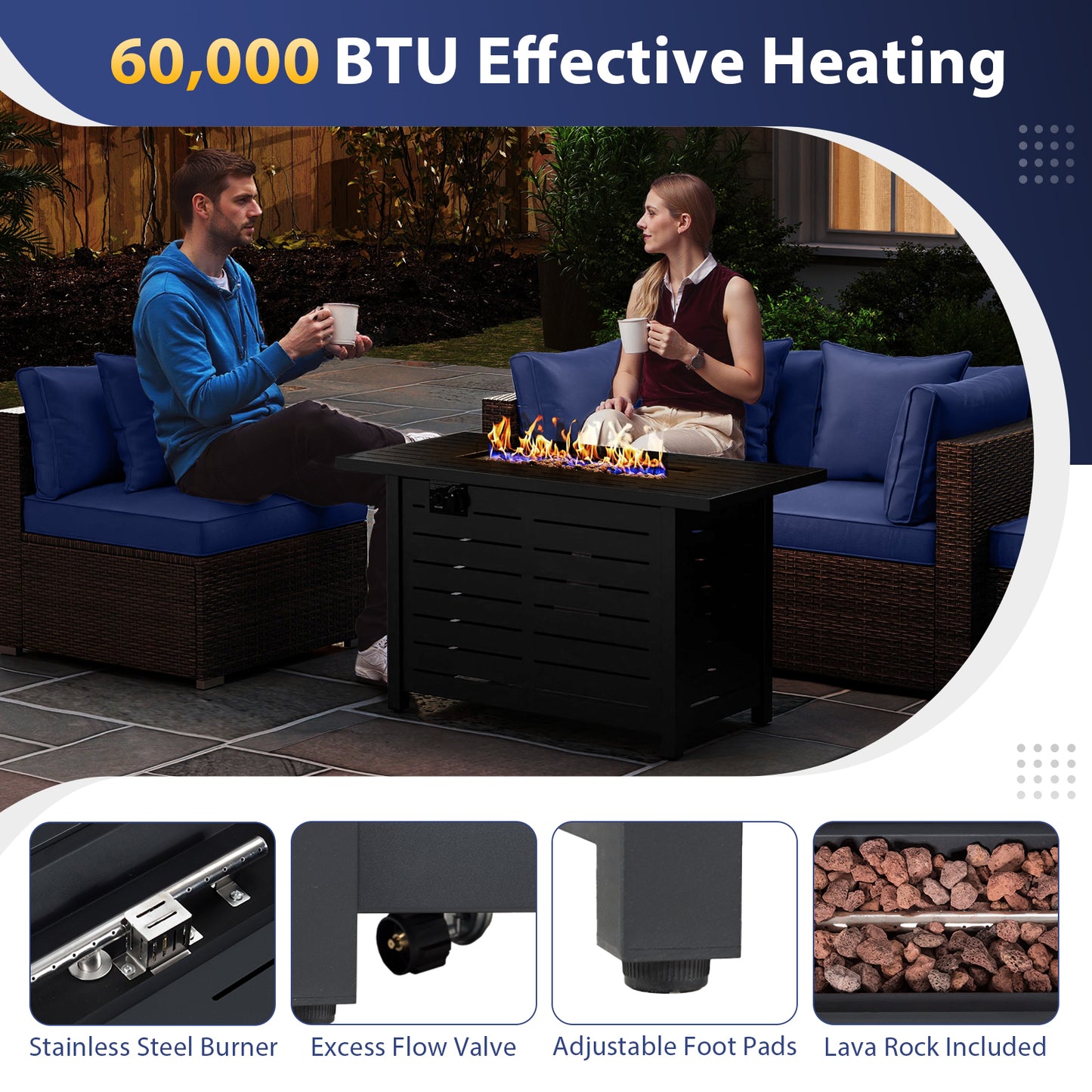 Heavy-duty Frame Rattan Sofa Set with 60000 BTU Firepit Table, Navy Outdoor Sectionals at Gallery Canada