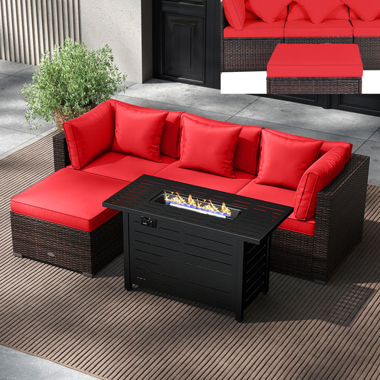 Heavy-duty Frame Rattan Sofa Set with 60000 BTU Firepit Table, Red
