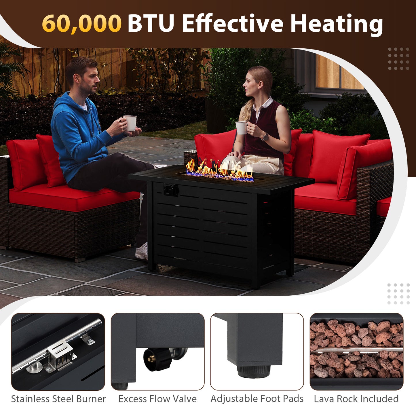 Heavy-duty Frame Rattan Sofa Set with 60000 BTU Firepit Table, Red Outdoor Sectionals at Gallery Canada