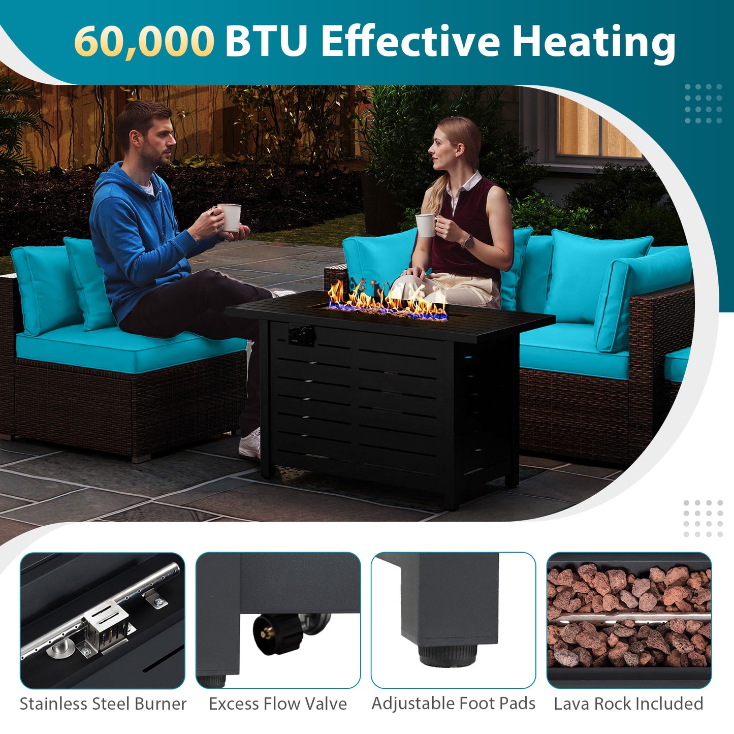 Heavy-duty Frame Rattan Sofa Set with 60000 BTU Firepit Table, Turquoise
