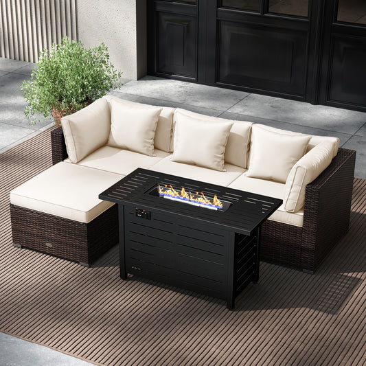 Heavy-duty Frame Rattan Sofa Set with 60000 BTU Firepit Table, Off White Outdoor Sectionals Off White at Gallery Canada