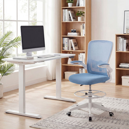 Height Adjustable Drafting Chair With Flip Up Arms, Blue Mesh Chairs Blue at Gallery Canada