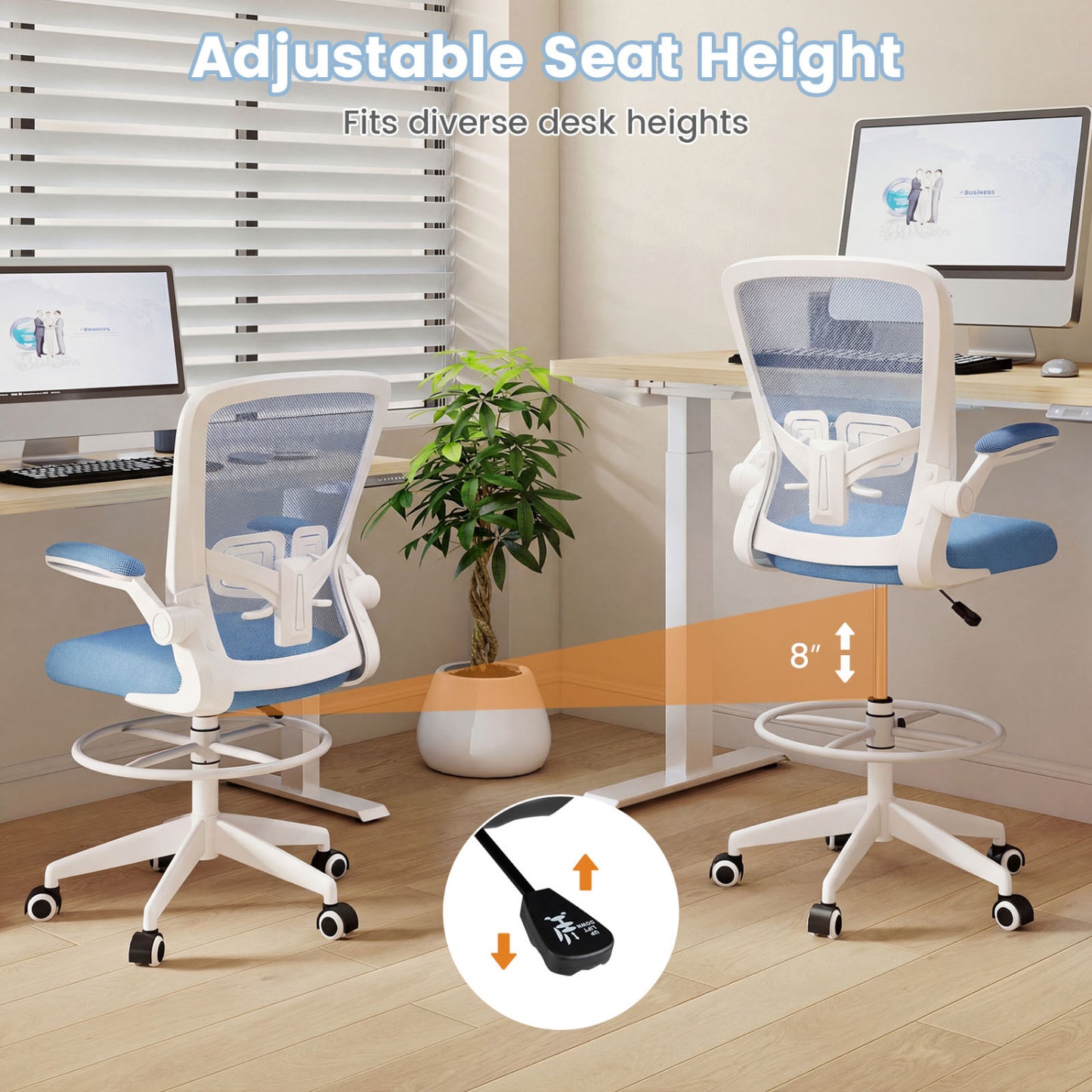 Height Adjustable Drafting Chair With Flip Up Arms, Blue Mesh Chairs at Gallery Canada