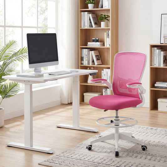 Height Adjustable Drafting Chair With Flip Up Arms, Pink Mesh Chairs Pink at Gallery Canada