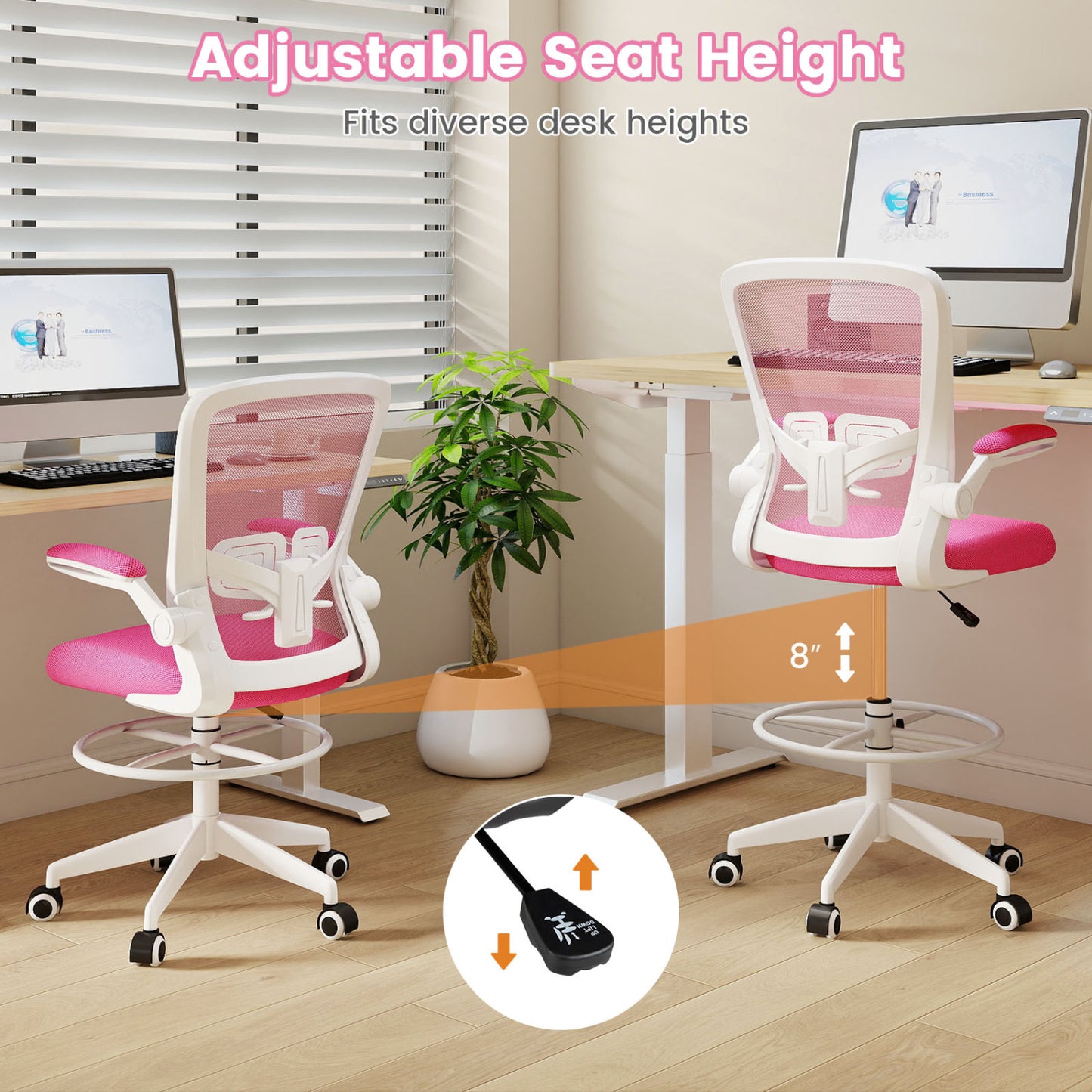 Height Adjustable Drafting Chair With Flip Up Arms, Pink Mesh Chairs at Gallery Canada