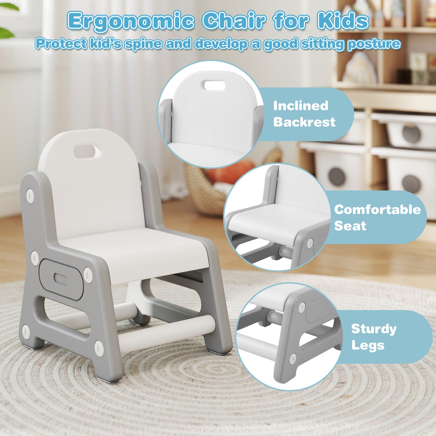 Adjustable Kids Table Chair Set, Tiltable Whiteboard, Concave Shelf, Gray Kids Table & Chair Sets at Gallery Canada