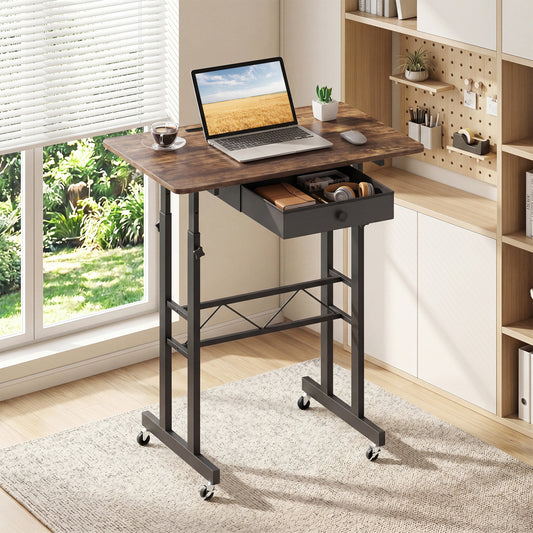 Height Adjustable Laptop Desk With Drawer, Rustic Brown Standing Desks Rustic Brown at Gallery Canada