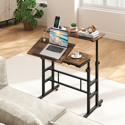 Adjustable Mobile Standing Desk with Power Outlets, Rustic Brown Office Desks Rustic Brown at Gallery Canada