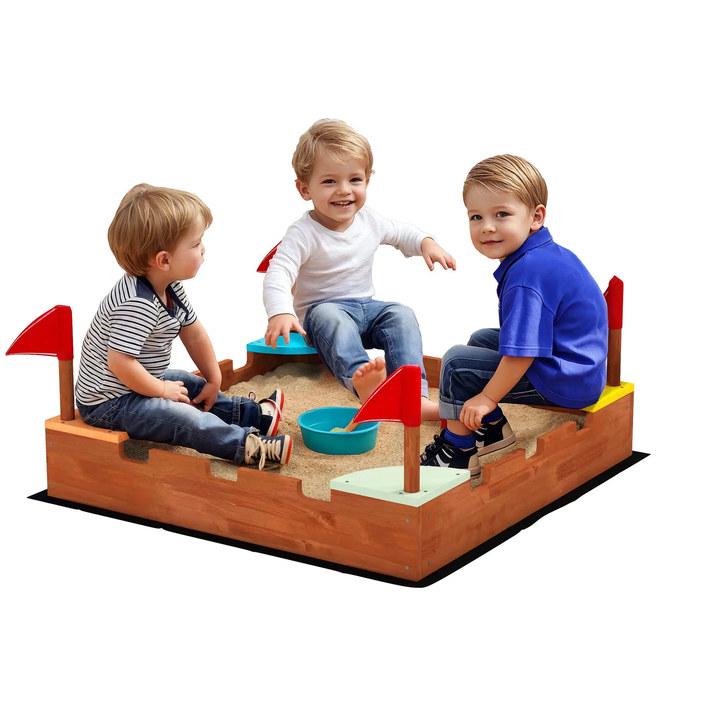 Kids Wooden Sandbox, 4 Colorful Seats, Ground Liner, Brown Sandboxes & Accessories at Gallery Canada