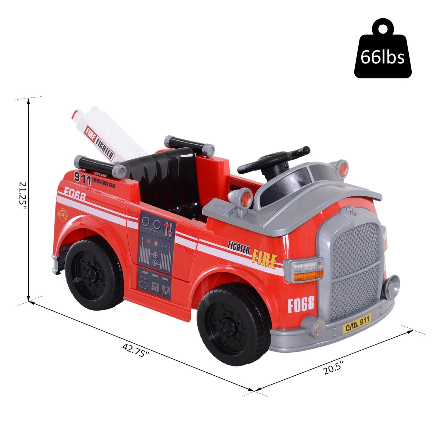6V Kids Ride-On Car Fire Truck Pretend Play Toy Car with Parental Remote Control, Safety Belt, Realistic Lighting, working steering wheels, horn and lift ladder (Red) at Gallery Canada