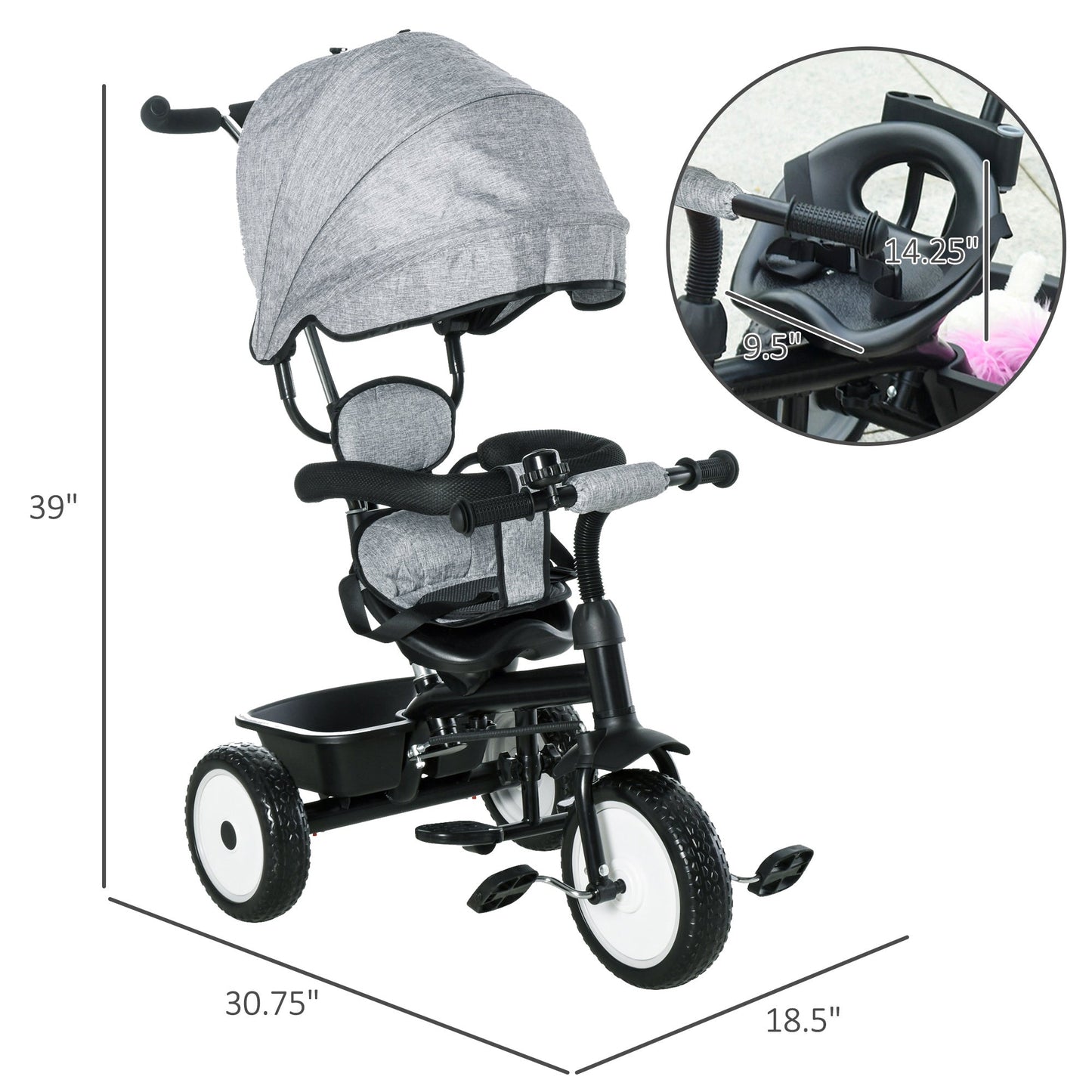 Baby Tricycle 2 In 1 Baby Stroller Kid Trike with Adjustable Canopy Grey at Gallery Canada
