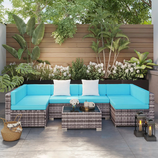 7-Piece Outdoor Rattan Furniture Set, Patio Wicker Sectional Sofa with Cushions, Coffee Table Patio Furniture Sets Brown Rattan, Sky Blue Fabric at Gallery Canada
